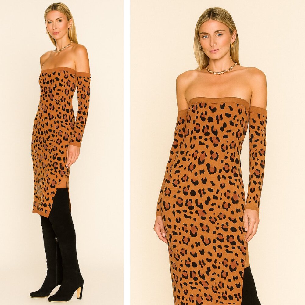 L'AGENCE Brown Leopard-Print Off-Shoulder Knit Dress